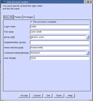 This figure shows the User account creation window.