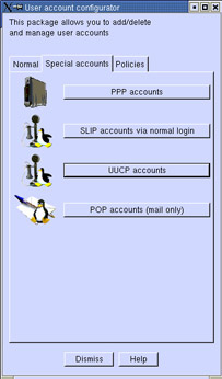This figure shows the Special accounts tab of the User configurator window. It lets you add, view, delete, and modify special accounts such as PPP, SLIP, and UUCP accounts.