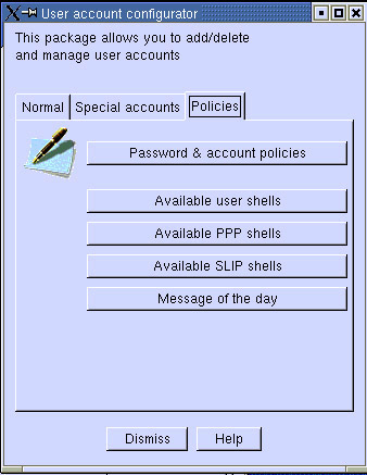 This figure shows the Policies tab of the User account configurator window, which lets you set policies for user accounts, passwords, and access permissions.