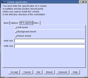 This figure shows the NFS options Tab of Volume specification window.