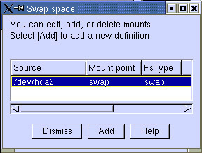 This figure shows the Swap space window of Linuxconf, which lets you add, delete, and modify swap drives.