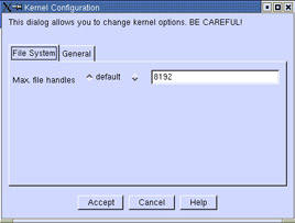This figure shows the Kernel Configuration Window, which lets you set options for the kernel that alter system performance.