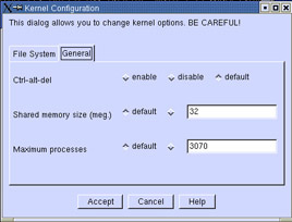 This figure shows the General tab of the Kernel Configuration window.