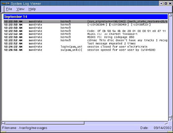  This figure shows the System Log Viewer window. It shows the messages.log log file, by default.