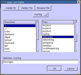  This figure shows the Open new logfile dialog box. You can select a directory and a file from the Directories and Files list boxes, respectively. The selected directory or file appears in the textbox, Selection: /var/log. You can also create a new directory and delete or rename a file.