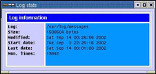  This figure shows the Log stats dialog box. It shows statistical information such as the name of the log file and the number of lines in the log file. It also provides the dates when the log file was modified, started, and last accessed.