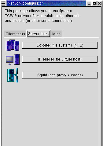 This figure shows the options present in the Server tasks tab of the Network configurator window.