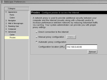  This figure shows how to specify a proxy address in Netscape Communicator.