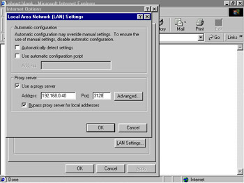  This figure shows the configuration options available for the Squid proxy server in the Local Area Network (LAN) Settings dialog box.
