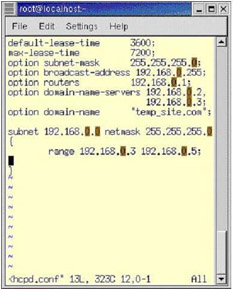  This figure shows the contents of the dhcpd.conf file. This file contains the values of parameters, such as default-lease-time and max-lease-time. This file also declares the range for IP addresses.