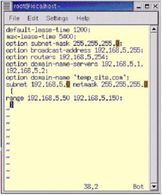  This figure shows the contents of the dhcpd.conf file during the installation of the DHCP server. The content of the dhcpd.conf file includes various range parameters required during the server configuration.