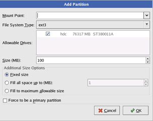  This figure shows various options, such as Mount Point and File System Type, to specify the characteristics of the new partition in the Add Partition dialog box.
