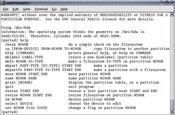  This figure shows the list of various commands such as print, quit, and rm available with the parted utility.