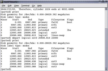  This figure shows the output of print command, which lists the new disk partition having minor number seven.