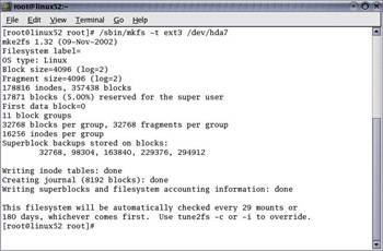  This figure shows the information, such as block size and fragment size related to the new file system created after formatting.