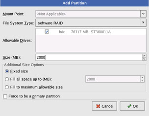  This figure shows software RAID as the selected file system type and 2000 MB as the size of the RAID partition being created.