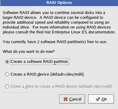  This figure shows various options, such as Create a software RAID partition in the RAID Options dialog box.