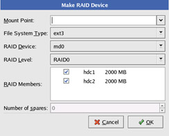 This figure shows the various options, such as Mount Point and File System Type on the Make RAID Device dialog box.