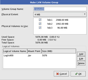  This figure shows the name, mount point, and size of the newly created logical volume in the Logical Volumes list box.